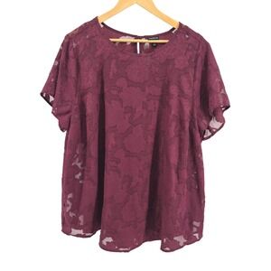 Torrid Burgundy Floral Lace Sheer Short Sleeve Top Plus Size 2X Cami Cottagecore